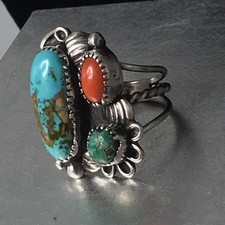 Old Pawn Sterling Silver Native American Fred Harvey Turquoise Coral Ring Sz 7.7 - Additional view 18