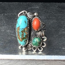 Old Pawn Sterling Silver Native American Fred Harvey Turquoise Coral Ring Sz 7.7 - Additional view 20