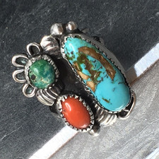Old Pawn Sterling Silver Native American Fred Harvey Turquoise Coral Ring Sz 7.7 - Additional view 3