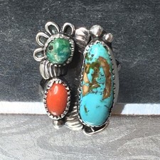 Old Pawn Sterling Silver Native American Fred Harvey Turquoise Coral Ring Sz 7.7 - Additional view 22