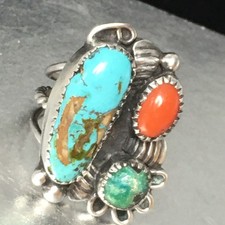 Old Pawn Sterling Silver Native American Fred Harvey Turquoise Coral Ring Sz 7.7 - Additional view 5