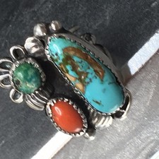 Old Pawn Sterling Silver Native American Fred Harvey Turquoise Coral Ring Sz 7.7 - Additional view 6