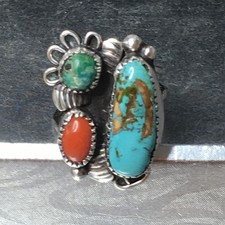 Old Pawn Sterling Silver Native American Fred Harvey Turquoise Coral Ring Sz 7.7 - Additional view 7