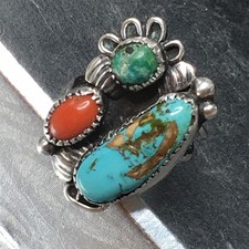 Old Pawn Sterling Silver Native American Fred Harvey Turquoise Coral Ring Sz 7.7 - Additional view 8