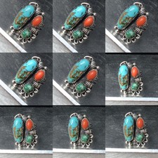 Old Pawn Sterling Silver Native American Fred Harvey Turquoise Coral Ring Sz 7.7 - Additional view 9