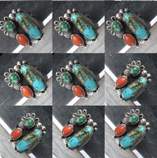 Old Pawn Sterling Silver Native American Fred Harvey Turquoise Coral Ring Sz 7.7