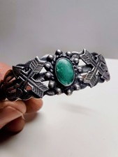 Fred Harvey Era Coin Silver-Signed Turquoise Native American Cuff Bracelet - Additional view 6