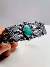 Fred Harvey Era Coin Silver-Signed Turquoise Native American Cuff Bracelet