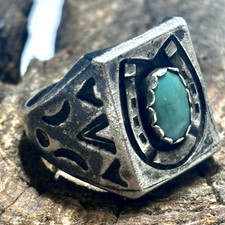 Vintage Navajo Sterling Silver Turquoise Ring Horseshoe Stamped Fred Harvey Era - Additional view 12
