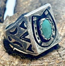 Vintage Navajo Sterling Silver Turquoise Ring Horseshoe Stamped Fred Harvey Era