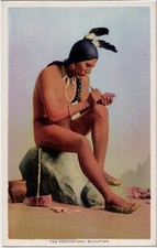 "Prehistoric Sculptor", Fred Harvey, Native American carving an object, Postcard