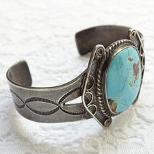 Vintage Navajo Fred Harvey Era Cuff Bracet Blue Gem Turquoise Sterling Silver - Additional view 9
