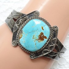 Vintage Navajo Fred Harvey Era Cuff Bracet Blue Gem Turquoise Sterling Silver