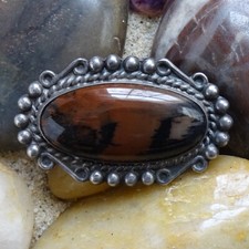 Vintage Navajo Petrified Wood Pin Brooch Sterling Silver Oval Fred Harvey Era - Additional view 4