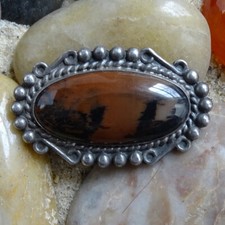 Vintage Navajo Petrified Wood Pin Brooch Sterling Silver Oval Fred Harvey Era