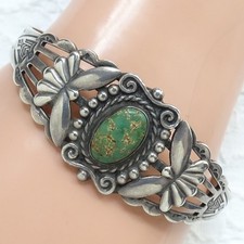 Fred Harvey Era Thunderbird Cuff Bracelet Green Turquoise Native American Navajo