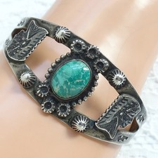 Old Navajo Fred Harvey Era Green Turquoise Cuff Bracelet Sterling Chief Head - Additional view 1