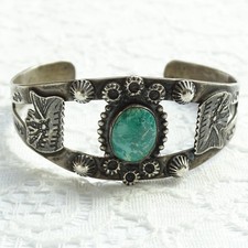 Old Navajo Fred Harvey Era Green Turquoise Cuff Bracelet Sterling Chief Head - Additional view 2