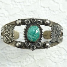 Old Navajo Fred Harvey Era Green Turquoise Cuff Bracelet Sterling Chief Head - Additional view 12