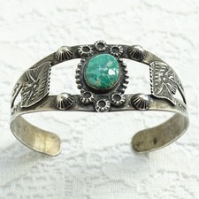 Old Navajo Fred Harvey Era Green Turquoise Cuff Bracelet Sterling Chief Head - Additional view 13