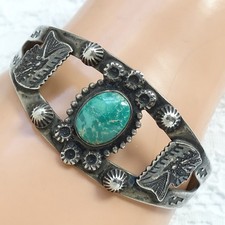 Old Navajo Fred Harvey Era Green Turquoise Cuff Bracelet Sterling Chief Head - Additional view 14