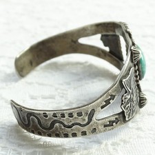 Old Navajo Fred Harvey Era Green Turquoise Cuff Bracelet Sterling Chief Head - Additional view 3