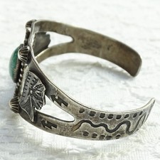 Old Navajo Fred Harvey Era Green Turquoise Cuff Bracelet Sterling Chief Head - Additional view 4