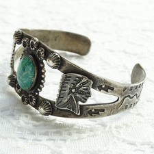 Old Navajo Fred Harvey Era Green Turquoise Cuff Bracelet Sterling Chief Head - Additional view 5