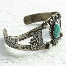 Old Navajo Fred Harvey Era Green Turquoise Cuff Bracelet Sterling Chief Head - Additional view 6