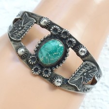 Old Navajo Fred Harvey Era Green Turquoise Cuff Bracelet Sterling Chief Head