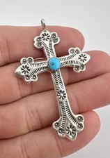 Vtg Fred Harvey Navajo Sterling Silver Turquoise Stamped Cross Pendant 2 3/8
