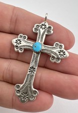Vtg Fred Harvey Navajo Sterling Silver Turquoise Stamped Cross Pendant 2 3/8