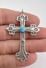Vtg Fred Harvey Navajo Sterling Silver Turquoise Stamped Cross Pendant 2 3/8"