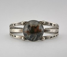 Vtg Fred Harvey Navajo Coin Silver Petrified Wood Stamped Women's Cuff Bracelet