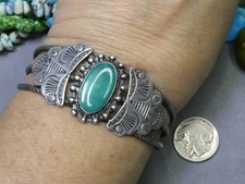 Fred Harvey Era NAVAJO Natural CERRILLOS TURQUOISE Coin Silver 36g Cuff Bracelet - Additional view 1