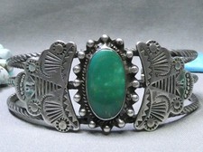 Fred Harvey Era NAVAJO Natural CERRILLOS TURQUOISE Coin Silver 36g Cuff Bracelet - Additional view 2