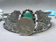Fred Harvey Era NAVAJO Natural CERRILLOS TURQUOISE Coin Silver 36g Cuff Bracelet - Additional view 4