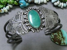 Fred Harvey Era NAVAJO Natural CERRILLOS TURQUOISE Coin Silver 36g Cuff Bracelet