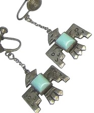 Fred Harvey Sterling Silver ThunderBird Turquoise Screw Back Earrings MUST SEE!