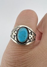 Vtg Fred Harvey Era Sterling Silver Blue Turquoise Stamped Thunderbird Ring - Additional view 6