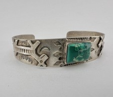 Old 1940's Navajo Fred Harvey Silver Cerrillos Turquoise Horse Dog Cuff Bracelet - Additional view 1