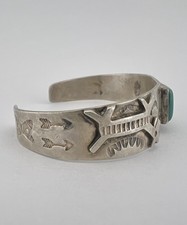 Old 1940's Navajo Fred Harvey Silver Cerrillos Turquoise Horse Dog Cuff Bracelet - Additional view 3
