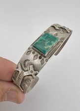 Old 1940's Navajo Fred Harvey Silver Cerrillos Turquoise Horse Dog Cuff Bracelet - Additional view 9