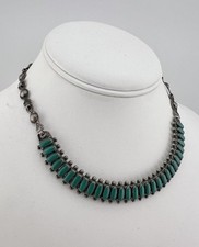 Vtg Fred Harvey Era Navajo Sterling Silver Turquoise Stamped Bib 1 Row Necklace - Additional view 1