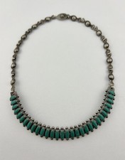 Vtg Fred Harvey Era Navajo Sterling Silver Turquoise Stamped Bib 1 Row Necklace - Additional view 2
