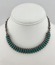 Vtg Fred Harvey Era Navajo Sterling Silver Turquoise Stamped Bib 1 Row Necklace