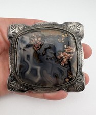 Vtg Fred Harvey Era Navajo Sterling Silver Petrified Wood Stamped Belt Buckle 3"