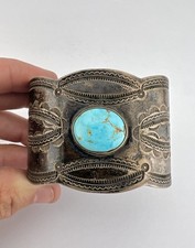 1940s Fred Harvey Navajo Sterling Silver Turquoise Stamped WIDE Cuff Bracelet - Additional view 7