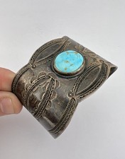 1940s Fred Harvey Navajo Sterling Silver Turquoise Stamped WIDE Cuff Bracelet - Additional view 8