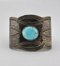 1940s Fred Harvey Navajo Sterling Silver Turquoise Stamped WIDE Cuff Bracelet